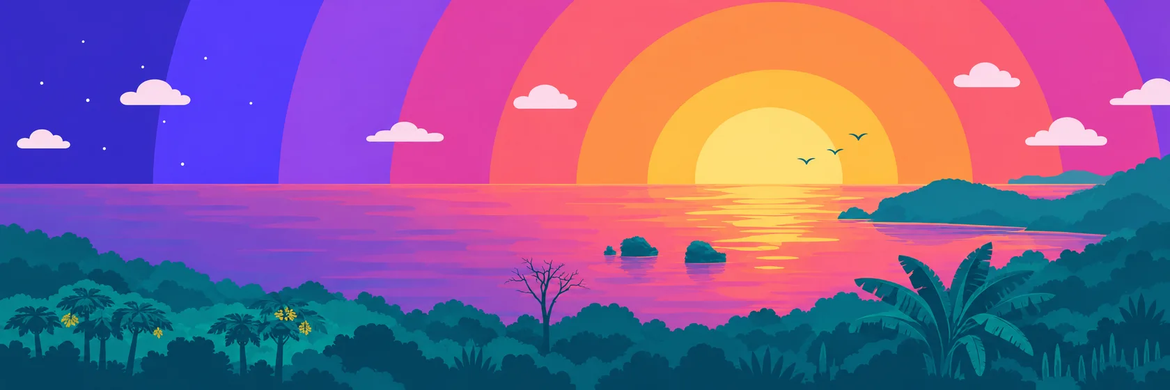 Illustration of the sun setting over a wide bay with two small islands and a forested headland
